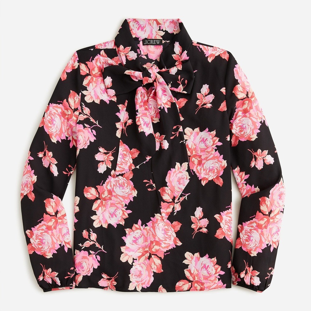 J.Crew NEW Women's Black Floral Tie-neck Long-Sleeve Satin Top Sz Small